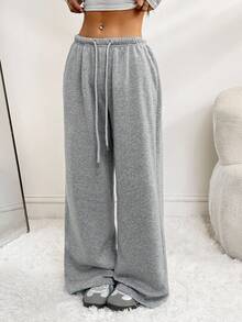 SHEIN PETITE Women's Casual Front Tie Waist Loose Sweatpants, Suitable For Autumn/Winter, Everyday Wear And Back To School - Grey - View 9