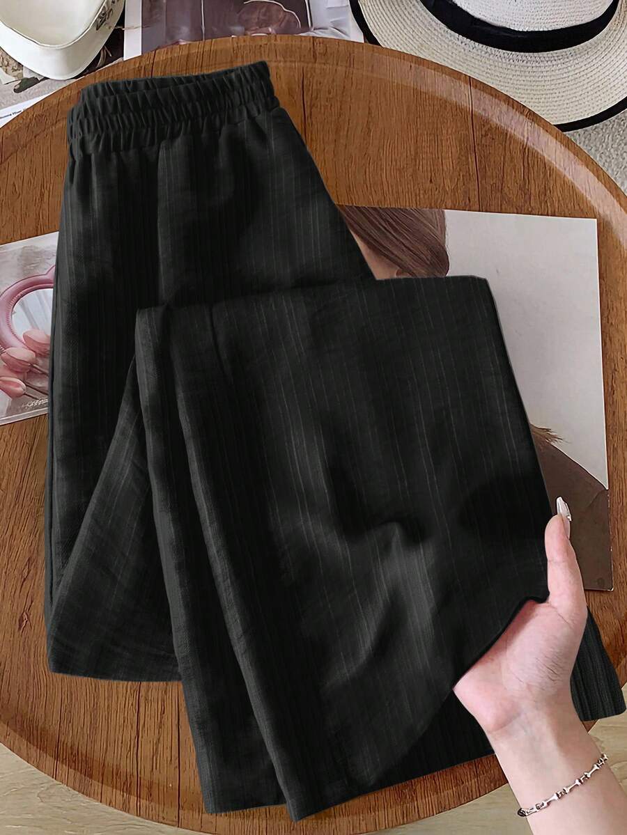 Rusticease 女士休闲黑色波浪纹理长裤，适合秋季穿着，女士阔腿裤，秋季女装，冬季女装，休闲款 - 黑色 - 查看 1