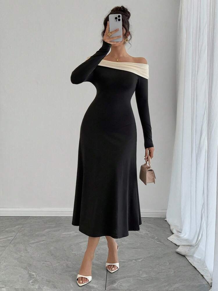 Women's Color Block Off-Shoulder Long Sleeve Fitted Long Casual Elegant Dress