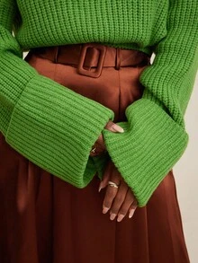 NYA SZN 长袖高领露脐上衣，宽松罗纹针织面料，弹力收腰设计，日常休闲街头风，简约大方，商务休闲，适合办公室、教师、返校季、秋冬季穿着，通勤、节日等场合皆宜，女士必备。 - 綠色 - 查看 6