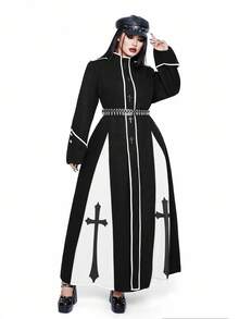 Whyspr 大码十字装饰拼色朋克风格长款纽扣羽绒服，修身腰部，秋冬 - 黑與白 - 查看 7