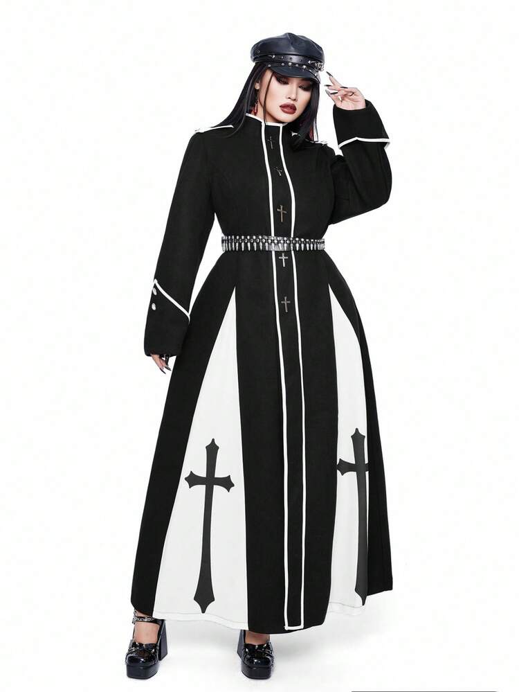SHEIN Whyspr Casual Punk Plus Size Cross Decor Colorblock Punk Style Long Button Down Coat, Slimming Waist, Autumn/Winter - Black and White - View 7