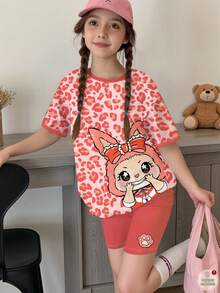 SHEIN Tween Girls' Casual Minimalist Pink Leopard Print & Cute Cartoon Pattern Short Sleeve T-Shirt And Shorts 2 Pieces Set, Suitable For Summer - Multicolor - View 2