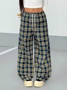 SHEIN PETITE Women's Plaid Drawstring Waist Straight Leg Pants, Autumn - Navy Blue - View 3