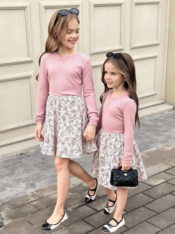Serisse Kids Tween Girl Casual Round Neck Solid Pink Ribbed Relaxed Fit Ditsy Floral Patchwork Long Sleeve Dress, For Casual Daily Wear, Autumn Dress, Pink Floral Dress, Fall Dress, Pink Dress, Fall Winter Clothes, Winter Girls Clothes, Mommy And Me Matching Outfit Long Sleeve Pink Dress Tween Matching Clothes For Girls Girls Pink And Floral Dress Tween Matching Set Mom And Daughter Outfits Sets