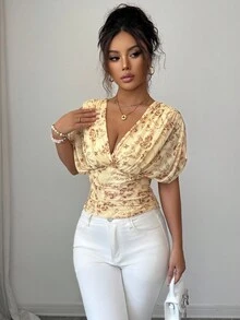 Elenzga Áo cánh tay dơi in hoa xếp ly eo gợi cảm thời trang cho nữ - Màu vàng - Xem 4