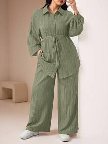 Veilorie 2pcs Plus Size Plain Front Button Long Sleeve Casual Blouse And Pants Set 2 Pieces Set - Green - View 2