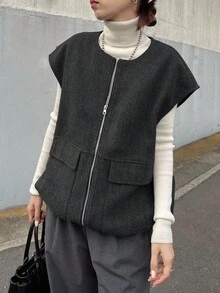 FRIFUL 女士圆领背心开襟羊毛面料宽松休闲夹克