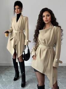 Elenzga 女式优雅卡其色不对称下摆长袖收腰风衣，百搭秋季外套 - 卡其色 - 查看 1