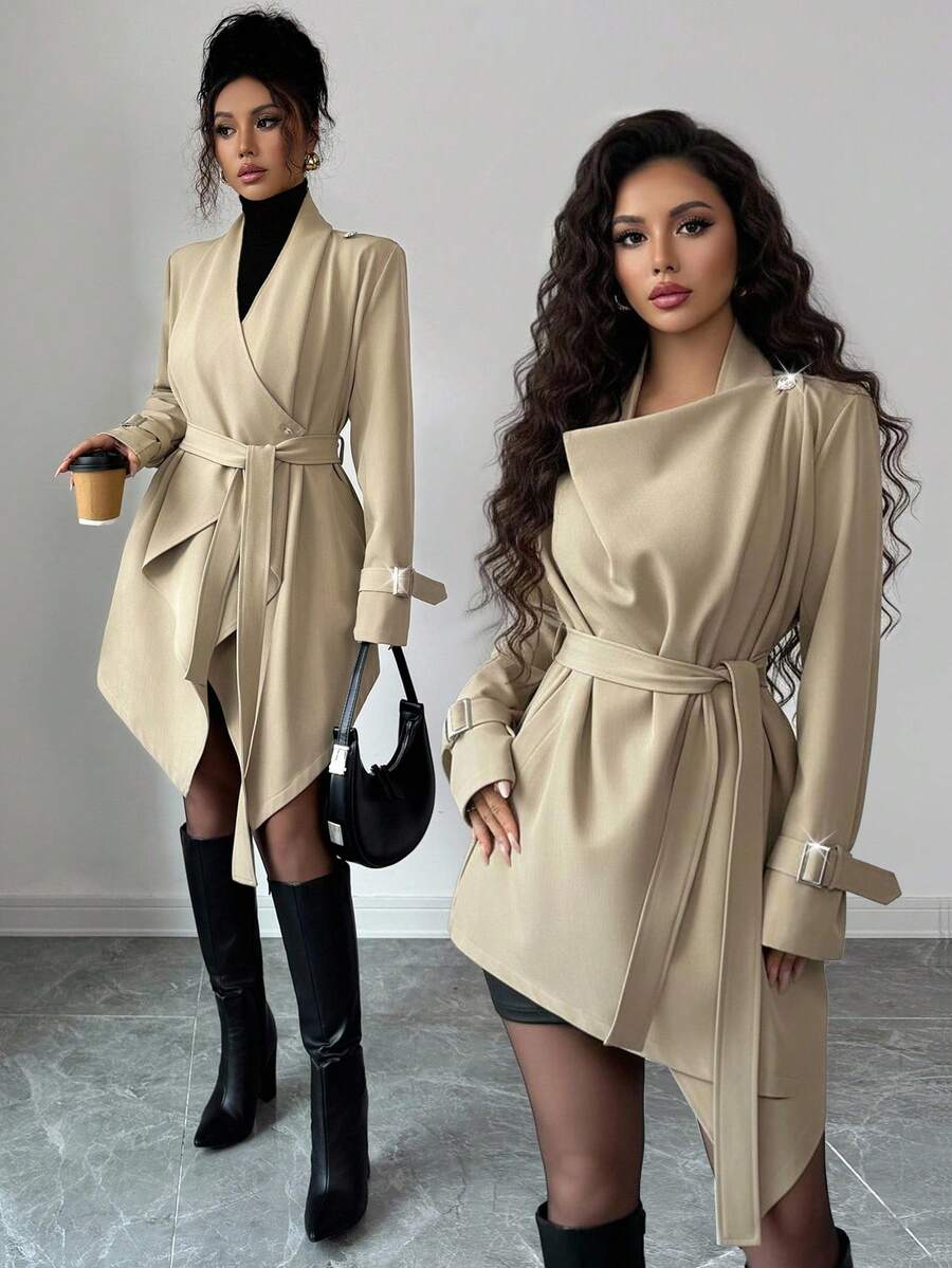 Elenzga 女式优雅卡其色不对称下摆长袖收腰风衣，百搭秋季外套 - 卡其色 - 查看 1