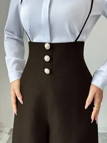 Elenzga 新款女士梭织斜纹高腰侧拉链可调节肩带休闲优雅阔腿连体裤，适合通勤和日常穿着，秋冬季款 - 棕色 - 查看 3