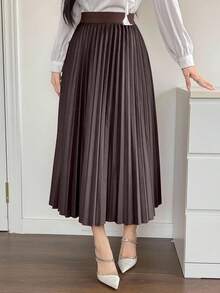 DAZY 女士优雅褶裥A字裙，秋冬女装半身裙 - 棕色 - 查看 5