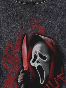 SHEIN EZwear 女款黑色针织超大版型T恤，饰有万圣节骷髅图案 - 彩色 - 查看 3