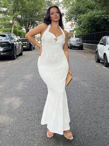 NegzBox Women's Elegant Texture Solid Color Tied Neck Fitted Maxi Fishtail Dress - White - View 1