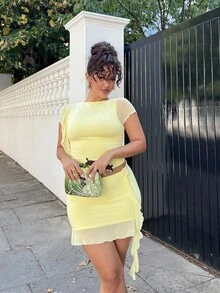 NegzBox 2 Pieces Sets Sexy Pink Color Asymmetrical Ruched Sheer Body Sets,Going Out Sets,Birthday Sets,Holiday Party Sets,Women Date Night Outfits,Concert Outfits,Graduation Dress,Street Style Sets, Women 2 Pieces Clothing Two Pieces Outfits For Women Woman 2 Pieces Outfits - Yellow - View 1