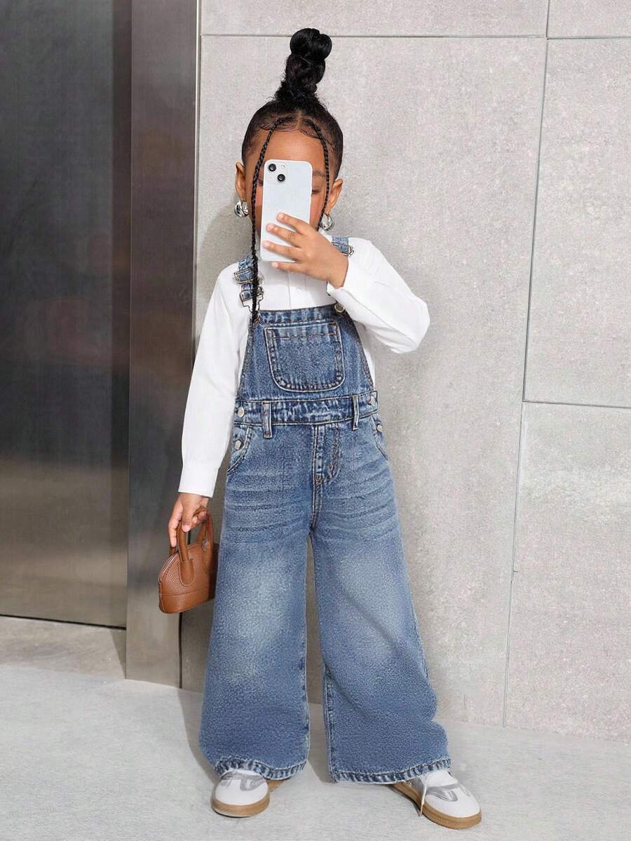SHEIN Young Girl' Y2K Loose Fit Blue Denim Overalls,Fall Kid's  Casual And Comfortable  Wear,Winter Clothes,Street Wear - Light Wash - View 1