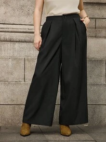 SHEIN LUNE Plus Size Women's Straight Leg Pants, Slimming, High Waist, Casual, Versatile - Black - View 4