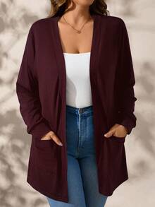 SHEIN Clasi Deep Red Knit Pocket Long Sleeve Loose Plus Size Jacket In Fall/Winter - Maroon - View 3