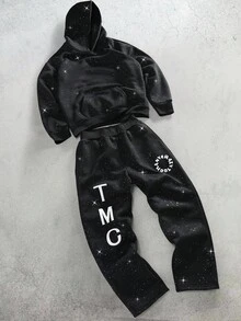 Manfinity Roghcode Manfinity Streetrush 男士连帽运动衫和裤子套装，趣味字母 3D 印花，青春街头风格男士运动服男士两件套男士运动服套装男士连帽衫和运动裤套装黑色运动服，秋冬服装 - 黑色 - 查看 2