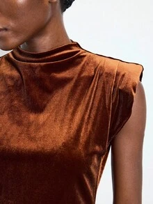 Maija Rust Brown Velvet Padded Shoulder Sleeveless Cinched Waist Fitted Mini Dress,Chic Night Out Autumn Elegant Dresses For Women,Halloween Party Holiday - Brown - View 2