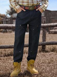 Manfinity Nomadique 男士西部复古贴袋休闲牛仔裤，牛仔常规水洗修身工装牛仔裤，适合外出穿着