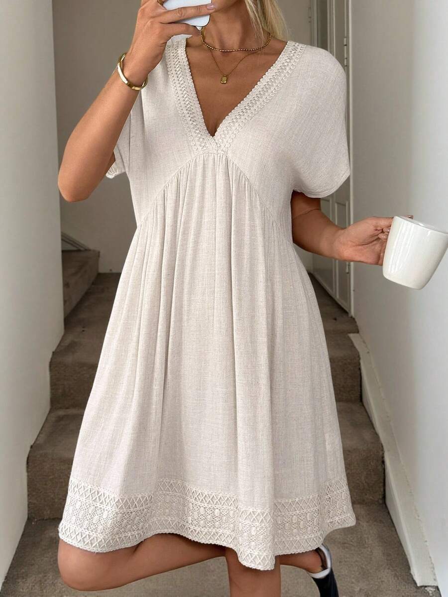 Easowa 夏季亚麻女士宽松休闲连衣裙，米色，适合音乐节 - 卡其色 - 查看 1