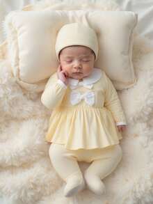 SHEIN Newborn Baby Girls Autumn Outfit Set, Long Sleeve Cute Collar Bow Top, Pants, Socks And Hat Fall Winter - Yellow - View 2