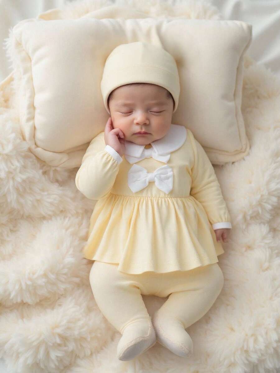 SHEIN Newborn Baby Girls Autumn Outfit Set, Long Sleeve Cute Collar Bow Top, Pants, Socks And Hat Fall Winter
