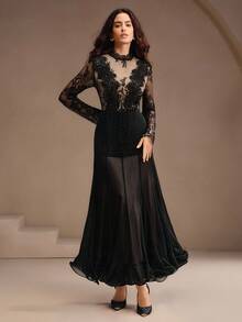 Anewsta Petite Rochie elegantă și romantică din dantelă, cu mânecă lungă, model patchwork, cu tiv evazat și volane, nouă sosire Anewsta - Negru - Vizualizare 4