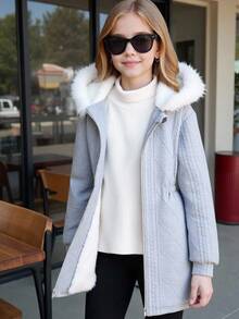 SHEIN Tween 女童休闲百搭百搭校园日常保暖毛绒领中长款纹理针织连帽夹克，秋冬秋季