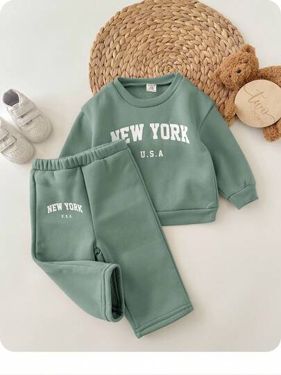 SHEIN 2 pezzi Set di felpa girocollo con stampa di lettere e pantaloni casual ampi, adatto per uso interno ed esterno