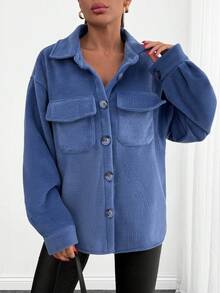 EURMUSE Flap Pocket Drop Shoulder Overcoat - Blue - View 6