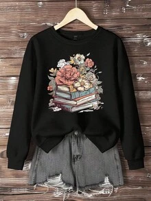 INAWLY 宽松花朵和书本印花圆领落肩卫衣，适合春秋季节 - 黑色 - 查看 3