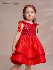 Glamorique Kids 万圣节服装女孩正式庆典生日派对礼服，无袖亮片肩蝴蝶结薄纱公主裙，特殊场合礼服 - 紅色 - 查看 4