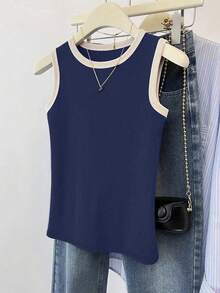 SHEIN Plus Size Women's Casual Contrast Trim Tank Top, Summer - Navy Blue - View 4