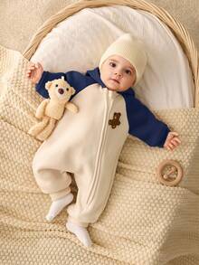 SHEIN Baby Boys Cute Color Block Thermal Lined Hooded Jumpsuit With Bear Pattern, Thickened For Autumn/Winter Fall - Navy Blue - View 7