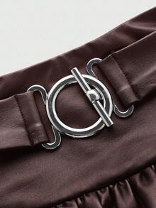 ROMWE PUNK 女士纯色双层荷叶边下摆腰扣设计时尚半身裙 - 酒紅色 - 查看 4