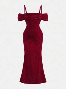 Pitira Tween Girl Elegant Solid Burgundy Open Shoulder Ruffle Sleeve Fitted Mermaid Maxi Dress,Christmas Dress,Masquerade Ball Dress,Red Dress,Fairy Dress ,Christmas Party Dress,Red Dress,Christmas Outfit Fall Winter Teen Burgundy Dress Dark Red Dress Teen Girl Velvet Dress Teen Luxury Dress Tween Girl Tight Dress - Burgundy - View 2