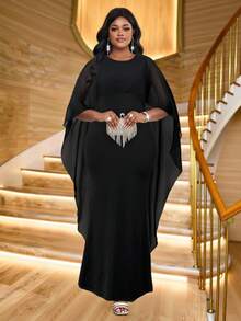 Fleurora 2025新款服装春夏秋冬大码针织圆领白色网纱拼接披肩修身收腰长款鱼尾大码连衣裙秋季女装婚礼宾客礼服女 - 黑色 - 查看 3