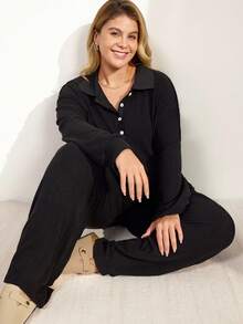 Momelise Plus Size Casual Loose Comfortable Half-Zip Collar Long Sleeve Top And Straight Leg Pants 2 Pieces Set For Women