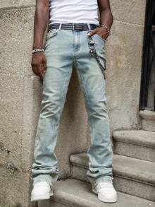 ROMWE MEN Street Life 休闲街头风格口袋纽扣门襟多层喇叭腿男式牛仔裤 - 深色水洗藍 - 查看 4