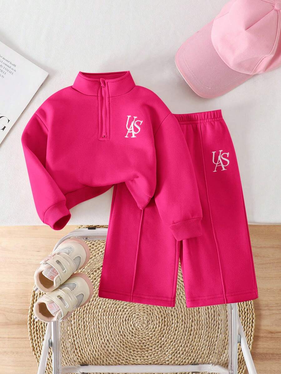 SHEIN 2pcs Baby Girl Fleece Sweatshirt & Pants Set, Embroidered Letter Design, Suitable For Outdoor And Indoor Wear, Autumn/Winter Fall - Hot Pink - View 1