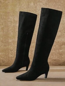 SHUZIA Elegant Sleek Women's Black Faux Suede Knee-High Comfortable Kitten Heel Slip-On Style Chic Sophisticated Holiday Fun Boots - Black - View 4