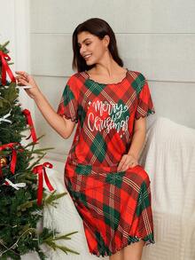 Women's Red Plaid Christmas Nightgown,Short Sleeve Contrast Trim Plaid Print Christmas Pajamas,Summer Cute Modest Sleep Sleepwear Holiday Nightgown - Multicolor - View 4