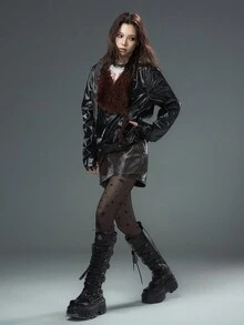 Bloopia Subculture Punk Rock Thời trang đường phố Thiết kế cá nhân cho nữ Thu/Đông Halloween Đinh tán Kim loại Trang trí Da giả Da PU Cổ áo lông thú giả Áo khoác dáng rộng - màu đen - Xem 6