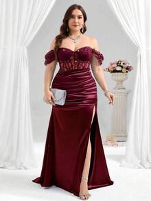 Coutiva 优雅性感上半身透视牡丹亮片刺绣拼接针织缎面下摆高开叉褶皱裹臀鱼尾下摆晚礼服、婚礼嘉宾、毕业典礼礼服 - 酒紅色 - 查看 1
