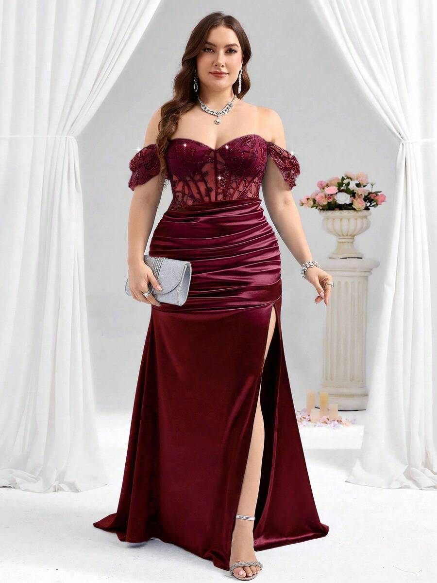 Coutiva 优雅性感上半身透视牡丹亮片刺绣拼接针织缎面下摆高开叉褶皱裹臀鱼尾下摆晚礼服、婚礼嘉宾、毕业典礼礼服 - 酒紅色 - 查看 1