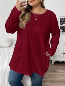 SHEIN CURVE+ Plus Size Women's Solid Color Round Neck Long Sleeve Casual Loose Fit T-Shirt - Burgundy - View 7