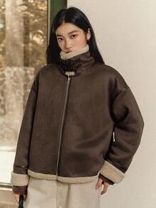 Dazy-Less 女士时尚百搭常规款夹克，秋冬季保暖内衬女式外套 - 棕色 - 查看 1