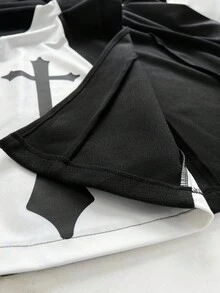 Whyspr 大码十字装饰拼色朋克风格长款纽扣羽绒服，修身腰部，秋冬 - 黑與白 - 查看 9